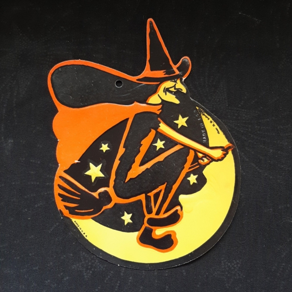 vintage antique h e luhrs halloween diecut witch on broom moon